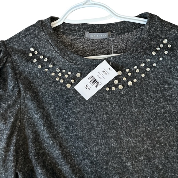 Suzy Shier Black Grey Crew Neck Embellished Long Sleeve Sweatshirt Size Medium - Picture 2 of 5